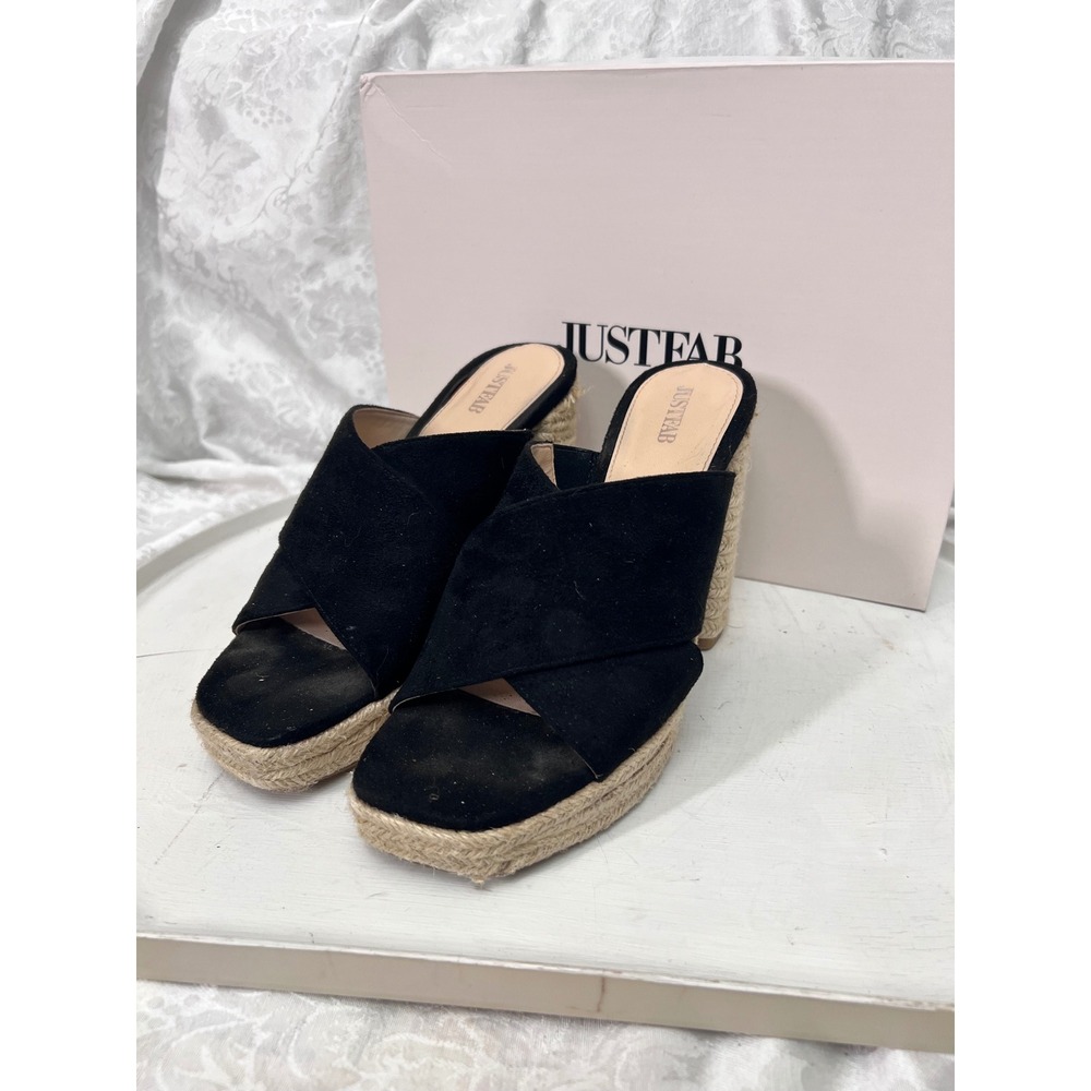 JustFab Say My Name Black Espadrille Mule Platform Block Heel Sandals 8.5